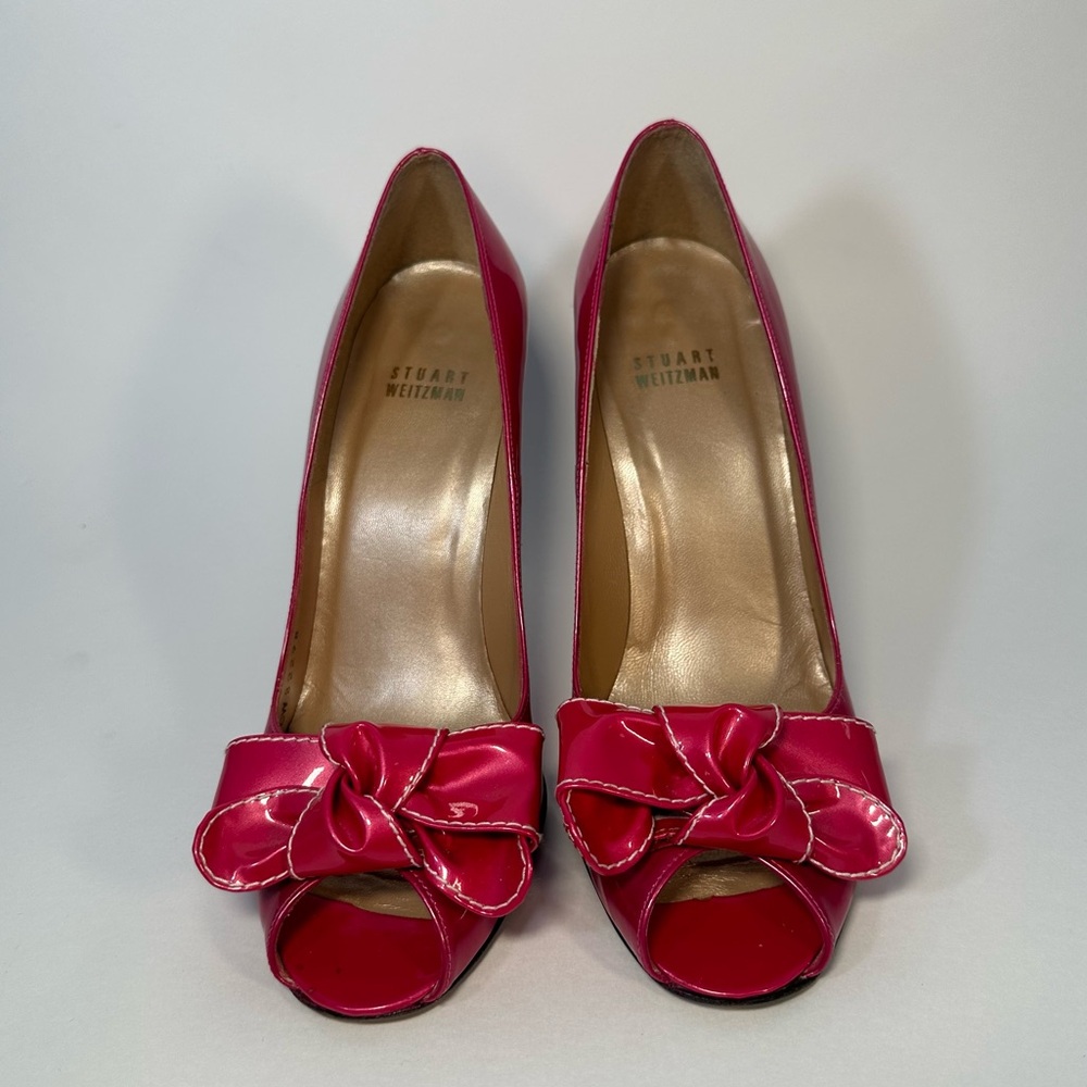 Stuart Weitzman Patent Leather Peep Toe Bow Heels